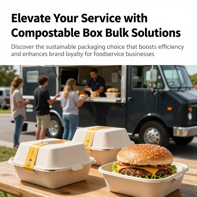 A food truck offering meals packaged in compostable hamburger boxes, highlighting eco-friendly food service options.