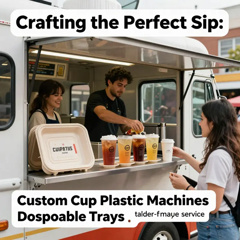 A bustling food truck scene with custom disposable trays filled with drinks, highlighting a vibrant street atmosphere.