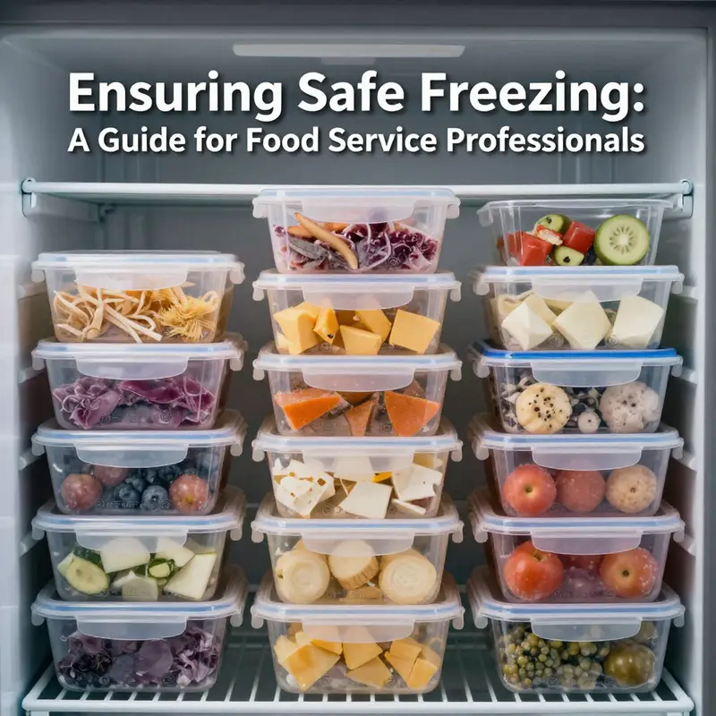 A well-organized commercial freezer showcasing safety-approved containers for freezing food.