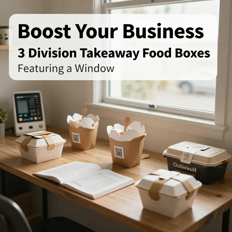 Highlighting the attractive design and food presentation of a 3-division takeaway food box.