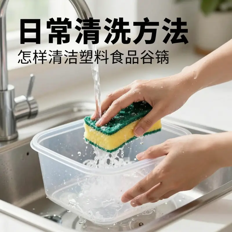 Demonstrating the correct method of cleaning plastic food containers using warm water and mild detergent.