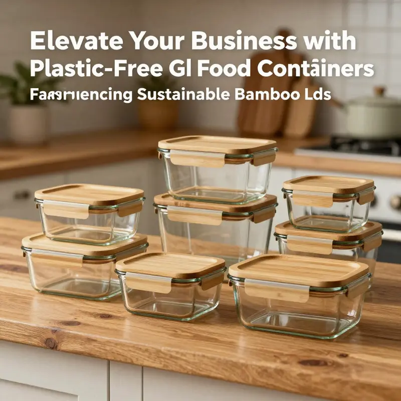 Various sizes of plastic-free glass food containers with natural bamboo lids on display.