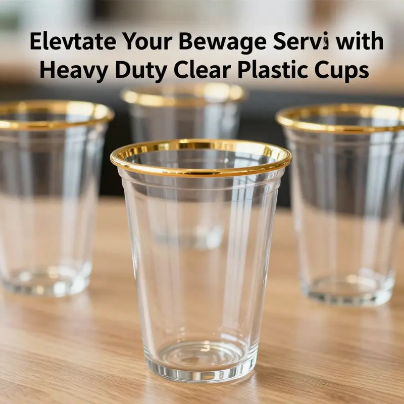 Heavy duty clear plastic cups with a gold rim, perfect for serving drinks in style.