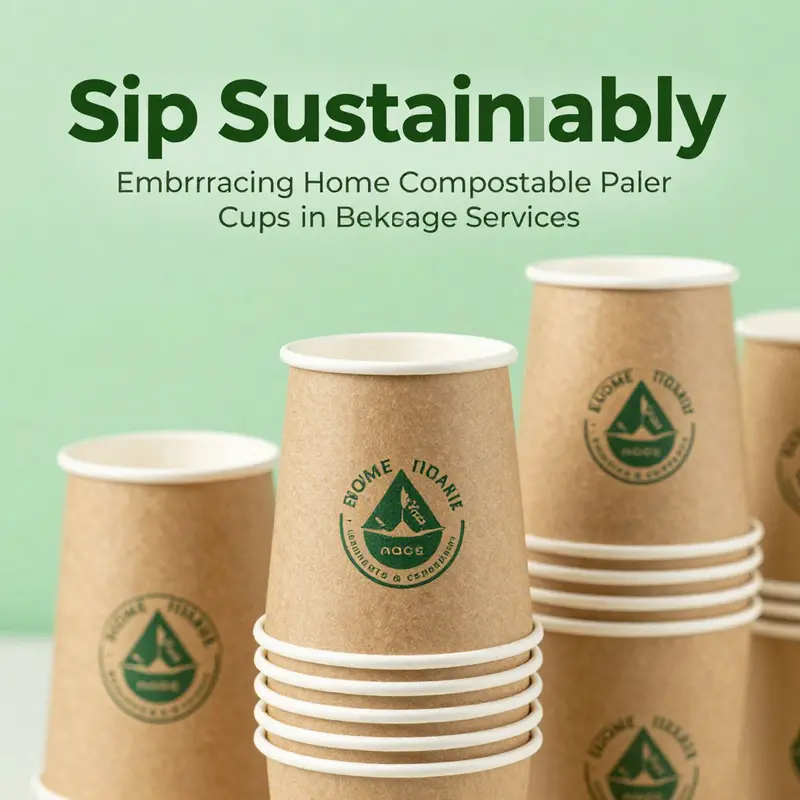 Home compostable paper cups displayed with clear certification labels emphasizing their eco-friendly properties.