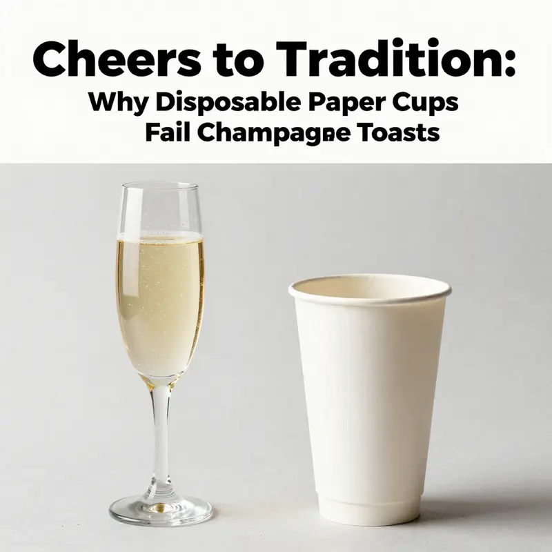 The contrast in sensory experience between using traditional glassware and disposable paper cups for champagne.