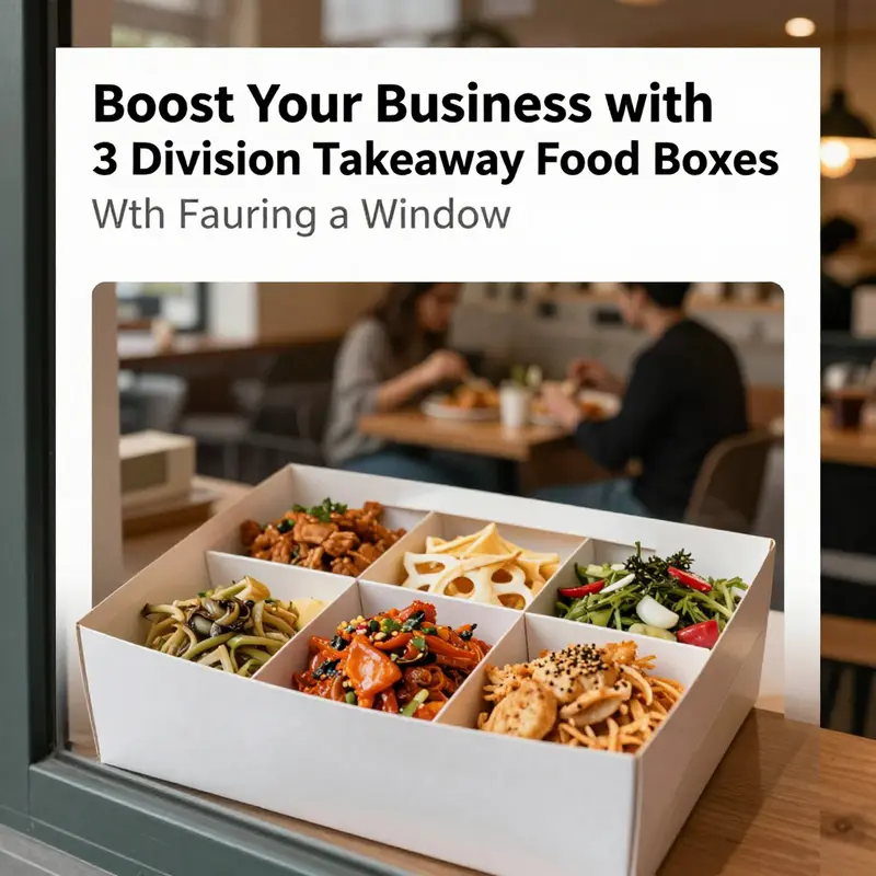 Highlighting the attractive design and food presentation of a 3-division takeaway food box.