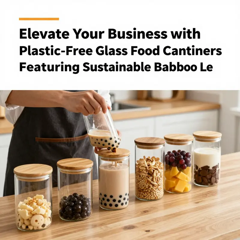 Various sizes of plastic-free glass food containers with natural bamboo lids on display.
