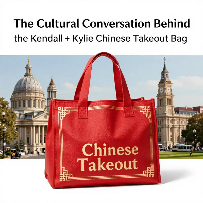 The Kendall + Kylie Chinese Takeout bag amid cultural landmarks, representing the dialogue between fashion and cultural sensitivity.