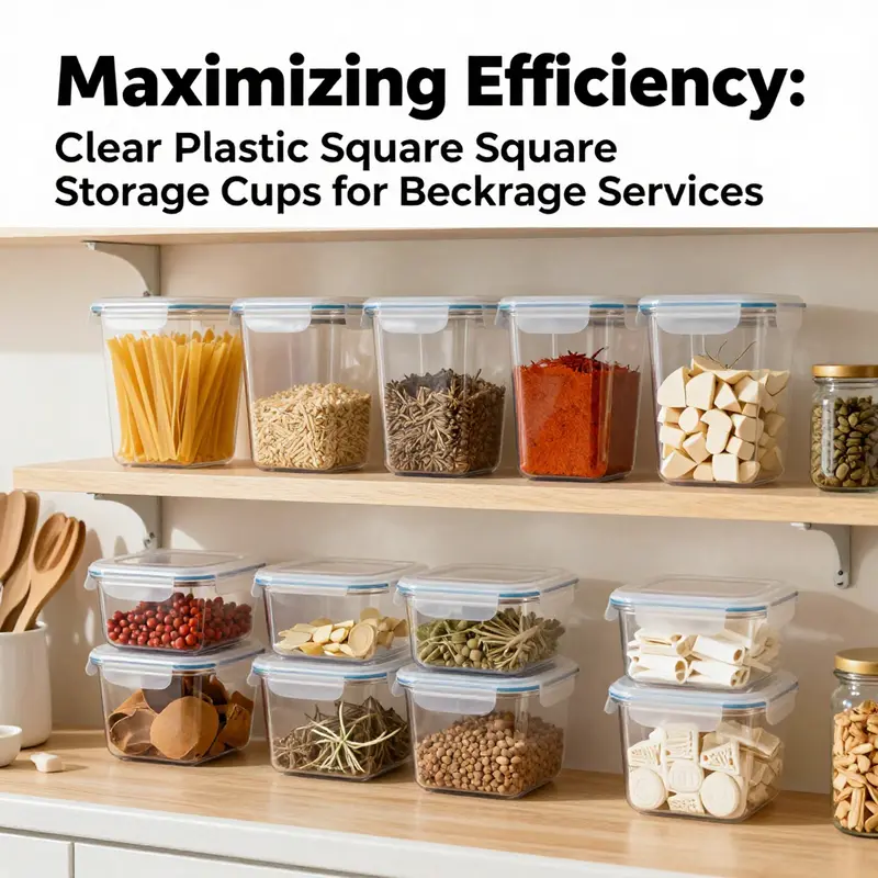 Clear plastic square storage cups provide organized storage for a variety of kitchen ingredients.