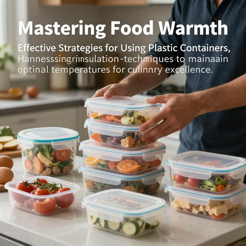 An inviting kitchen scene with chefs preparing food in insulated plastic containers, ensuring a warm serving experience.