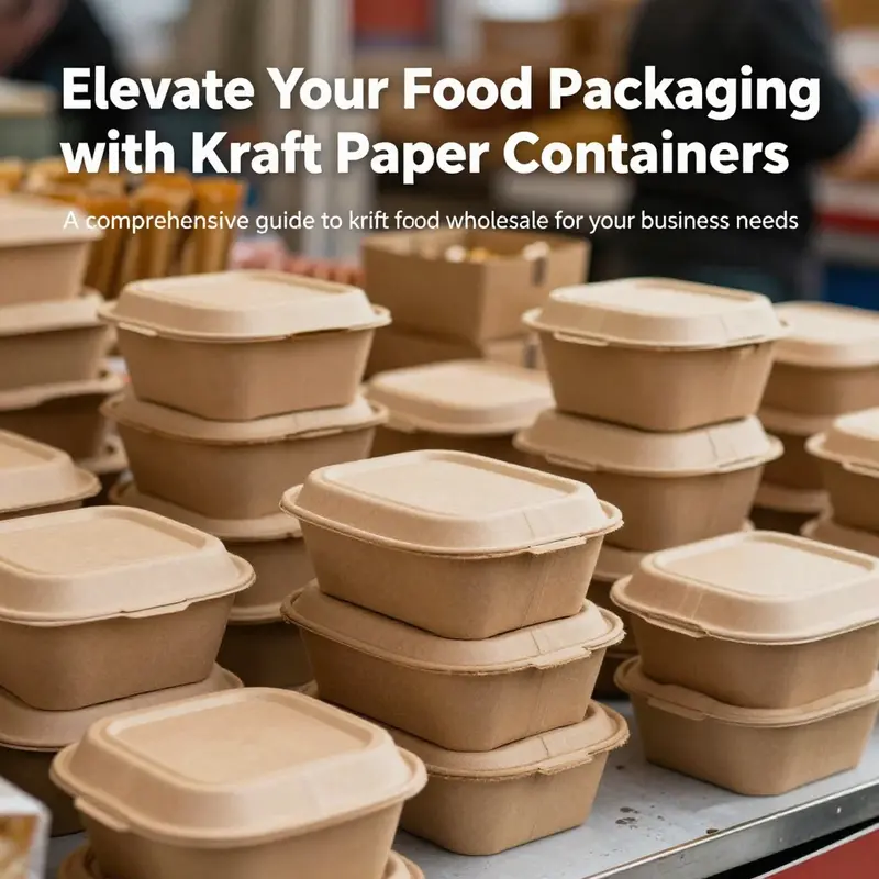 Various kraft paper food containers displayed in a lively food market.