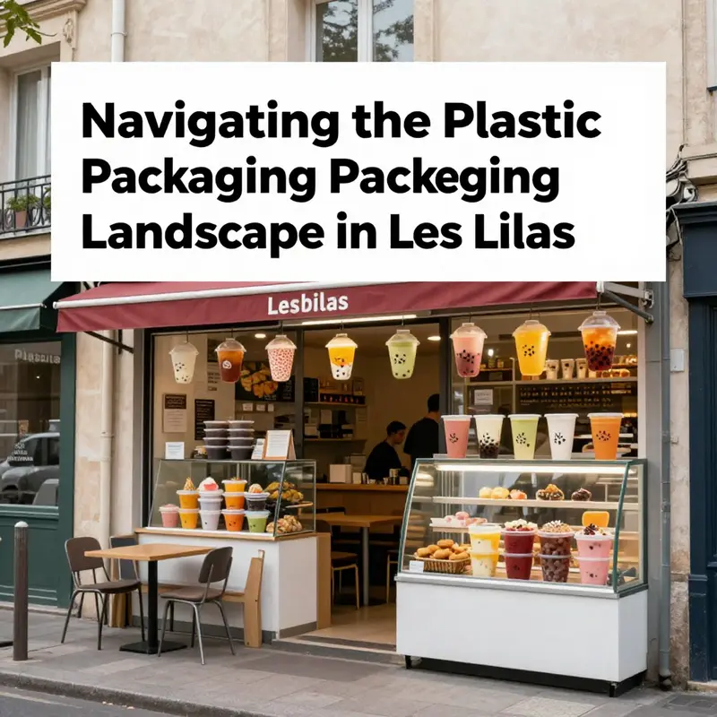 A bustling scene in Les Lilas featuring popular bubble tea shops and restaurants using innovative plastic packaging.