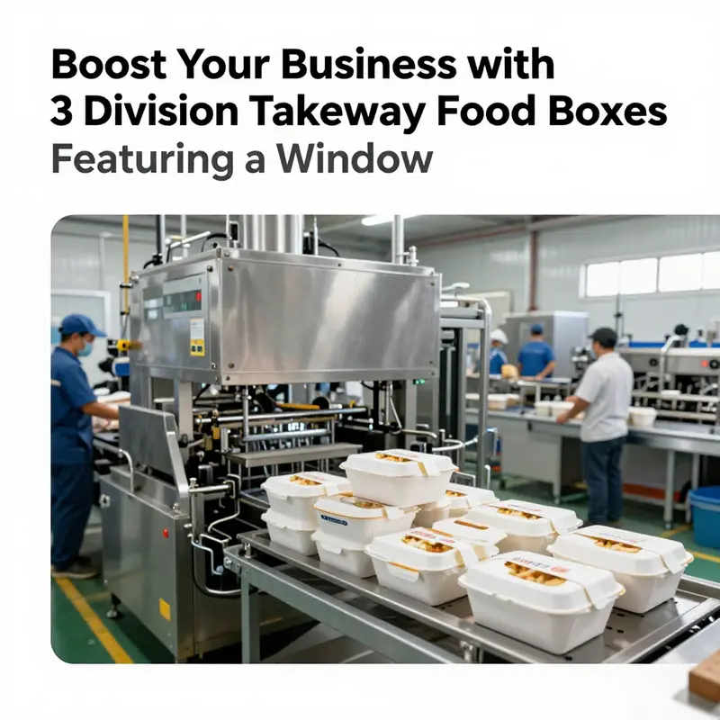 Highlighting the attractive design and food presentation of a 3-division takeaway food box.