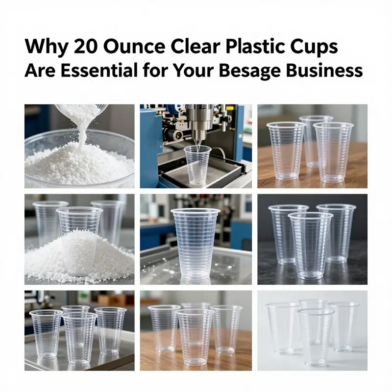 The manufacturing process of high-quality 20-ounce clear plastic cups, showcasing PET material and production.