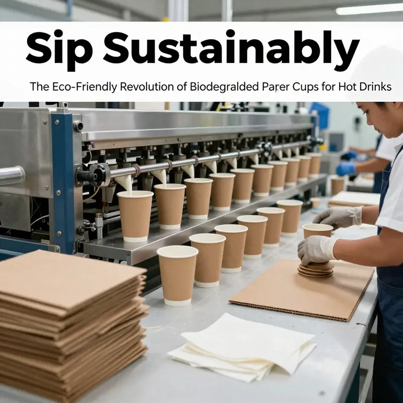 A side-by-side comparison of biodegradable paper cups and traditional plastic-lined cups emphasizes the eco-friendly benefits.