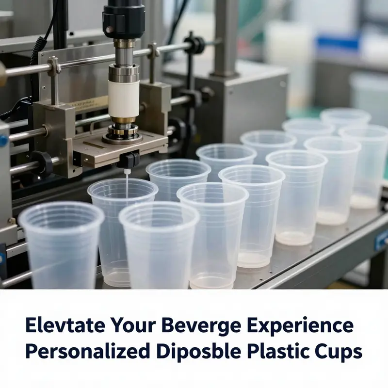 An array of personalized disposable plastic cups highlighting branding and beverage variety.