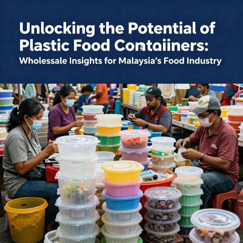 Vendors showcasing a variety of plastic food containers at a wholesale market.
