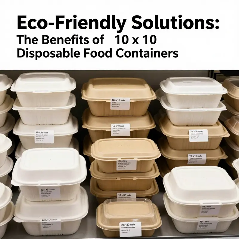 Showcasing eco-friendly 10 x 10 inch compostable food containers made from sugarcane fiber.