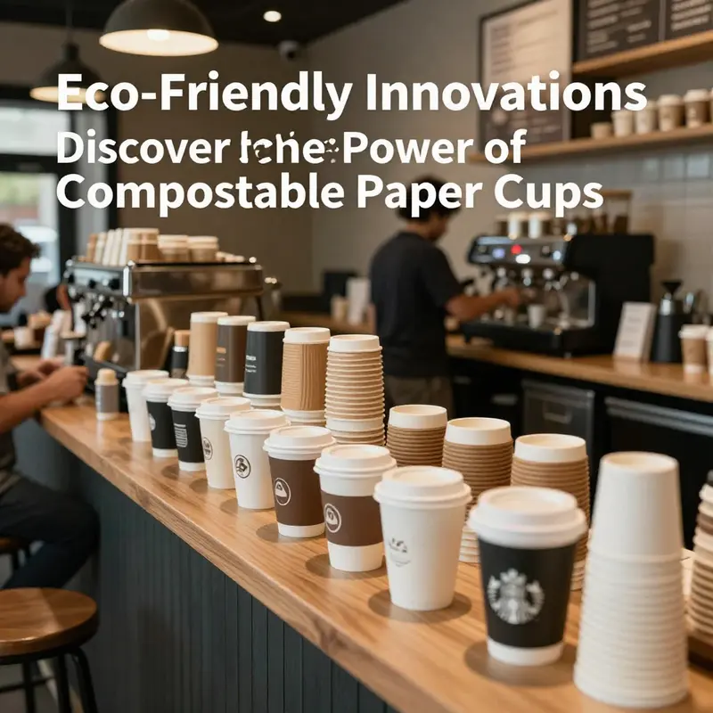A range of compostable cups displayed in a vibrant café setting.