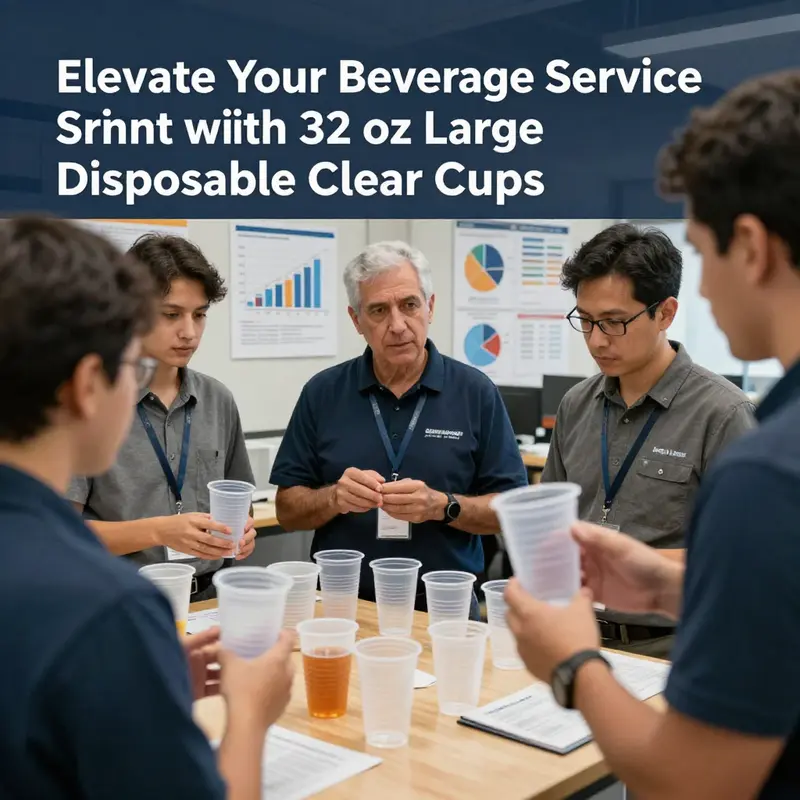 32 oz large plastic disposable clear cups in use at a bustling beverage shop.