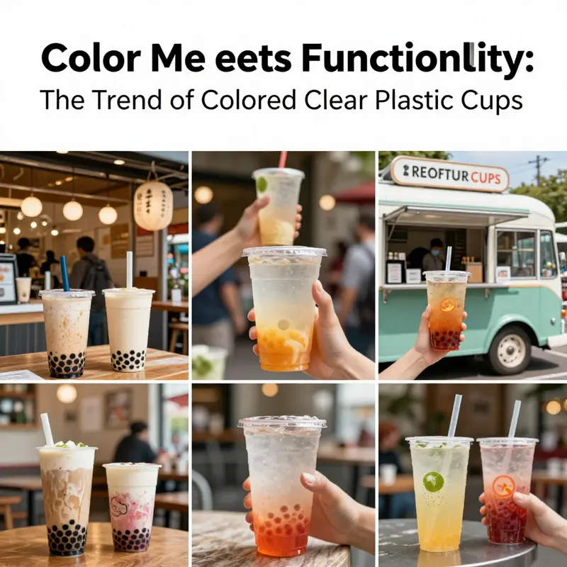 The transparent yet colorful design highlights the material qualities of colored clear plastic cups.