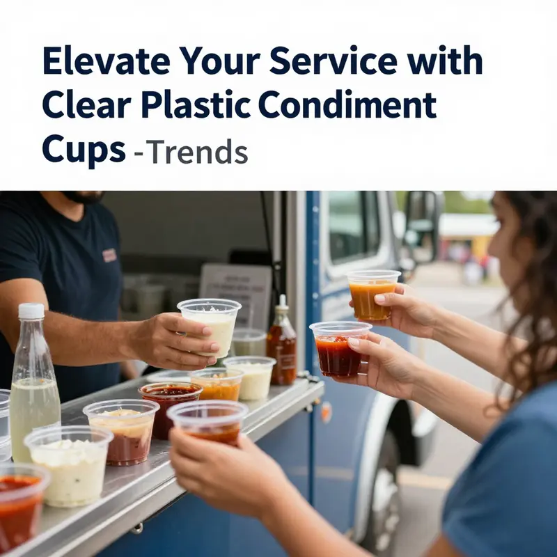 An assortment of clear plastic condiment cups showcasing vibrant sauces and dips, highlighting their design and functionality.