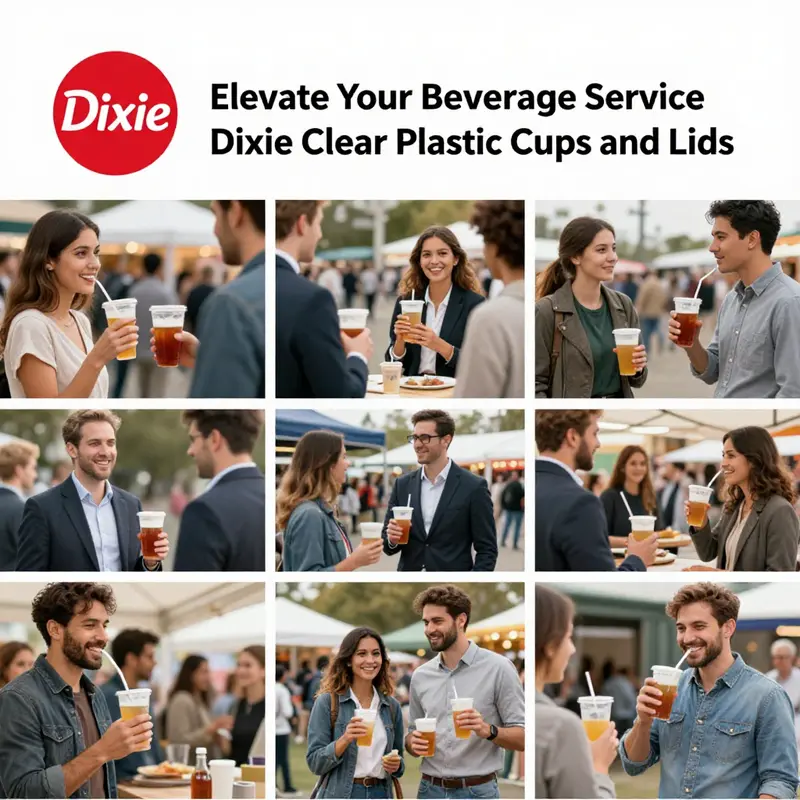 A showcase of Dixie clear plastic cups highlighting their versatile sizes and applications.