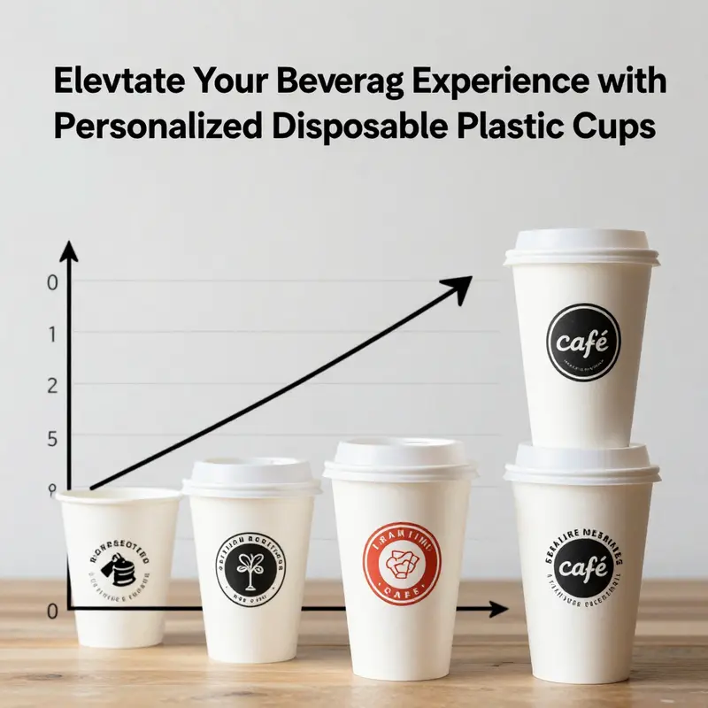 An array of personalized disposable plastic cups highlighting branding and beverage variety.