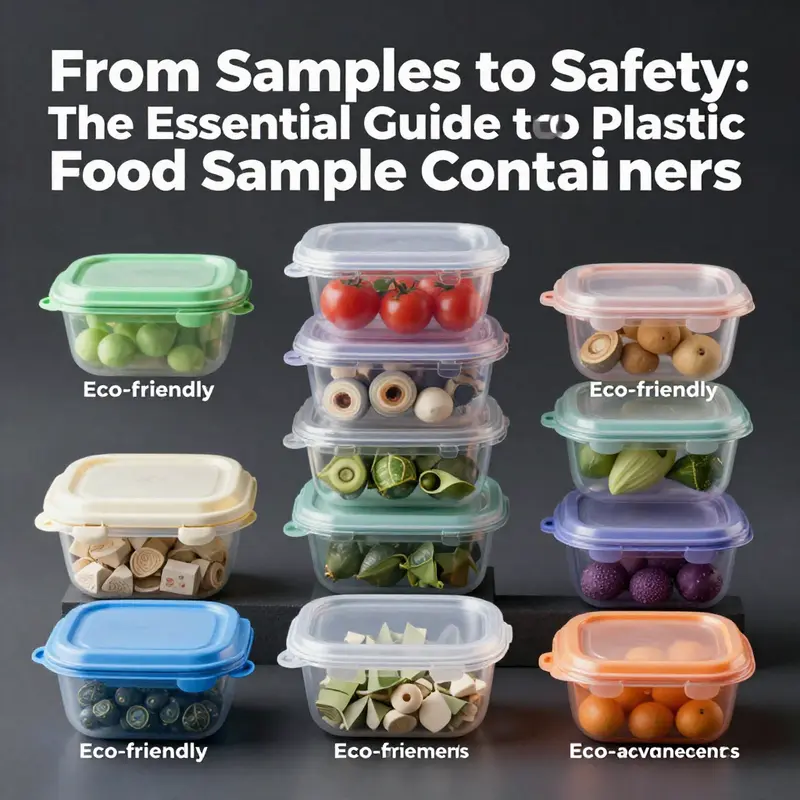Different plastic food sample containers showcasing their safety certifications and compliance with regulations.