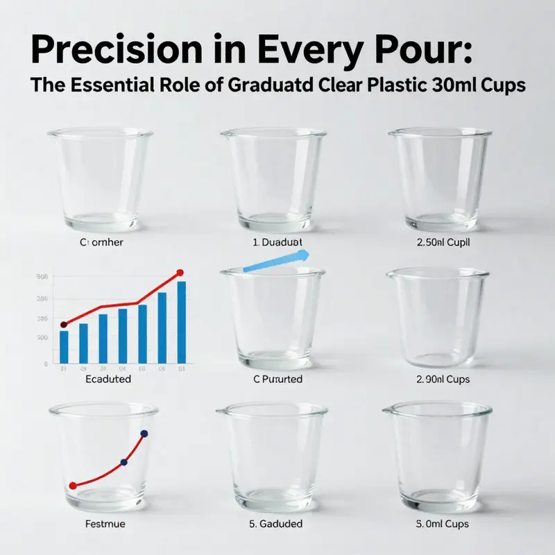 Different materials showcasing the durability and clarity of graduated clear plastic 30ml cups.