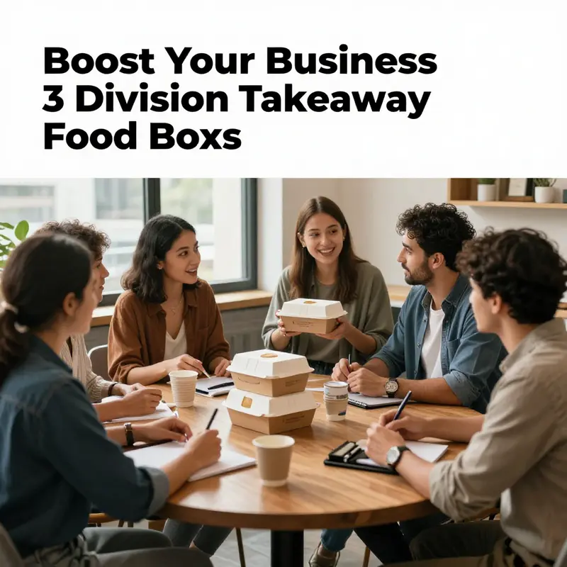 Highlighting the attractive design and food presentation of a 3-division takeaway food box.