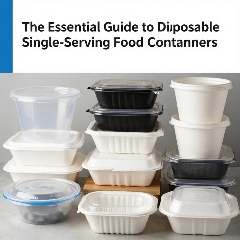 A variety of disposable food containers showcasing different materials like plastic, foam, and pulp.