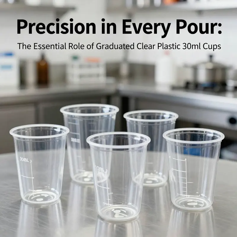 Different materials showcasing the durability and clarity of graduated clear plastic 30ml cups.