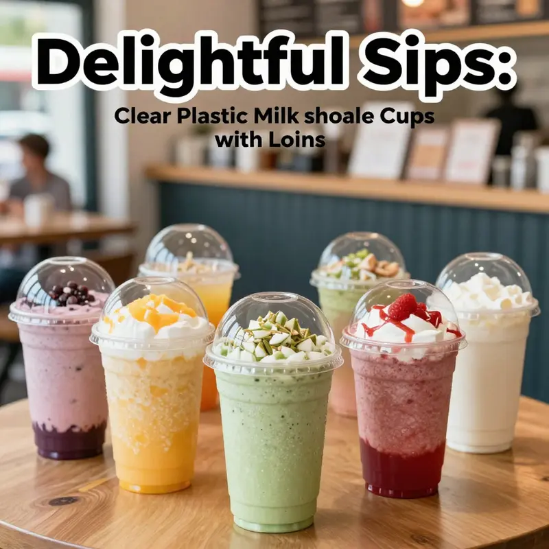 A diverse collection of clear plastic milkshake cups filled with vibrant drinks, capturing the essence of modern beverage presentation.
