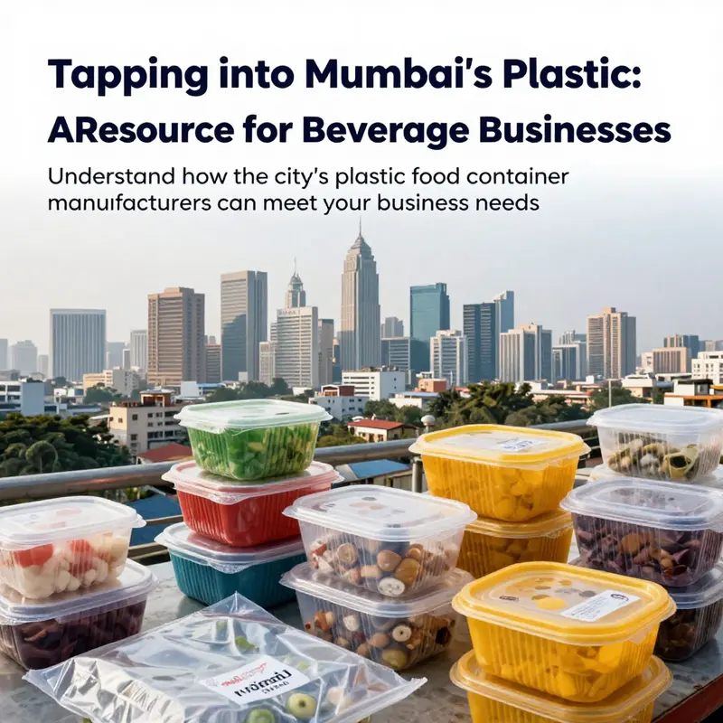 Composite image of Mumbai's skyline and a display of colorful plastic food containers.