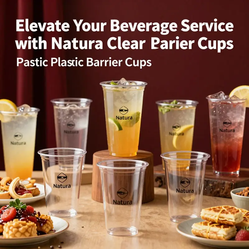 Colorful array of Natura clear cups filled with drinks and desserts, illustrating the versatility and application in food services.