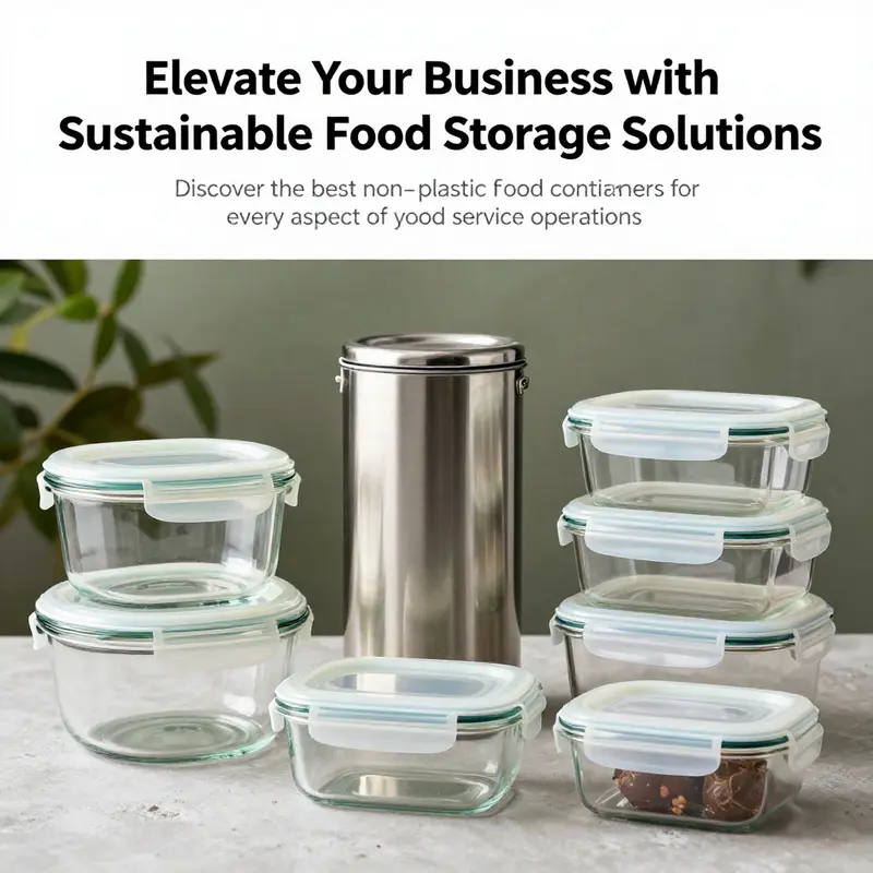 A variety of non-plastic food storage containers including glass, stainless steel, and biodegradable materials.