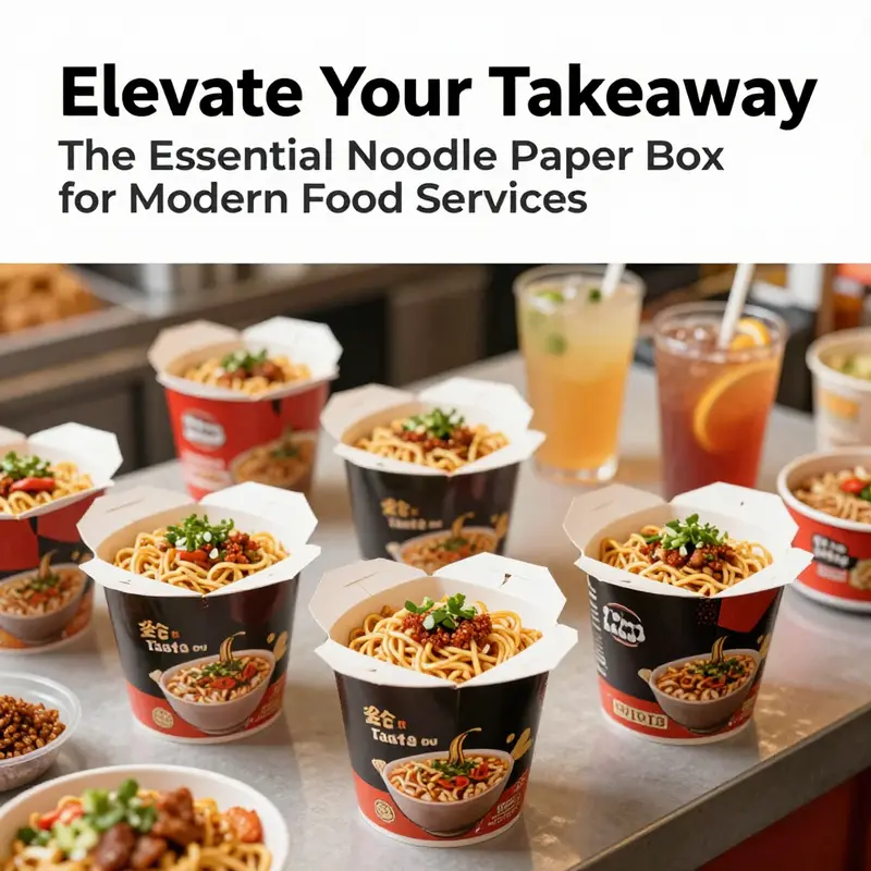 Colorful noodle paper boxes displayed in a food market, filled with noodles and drinks.