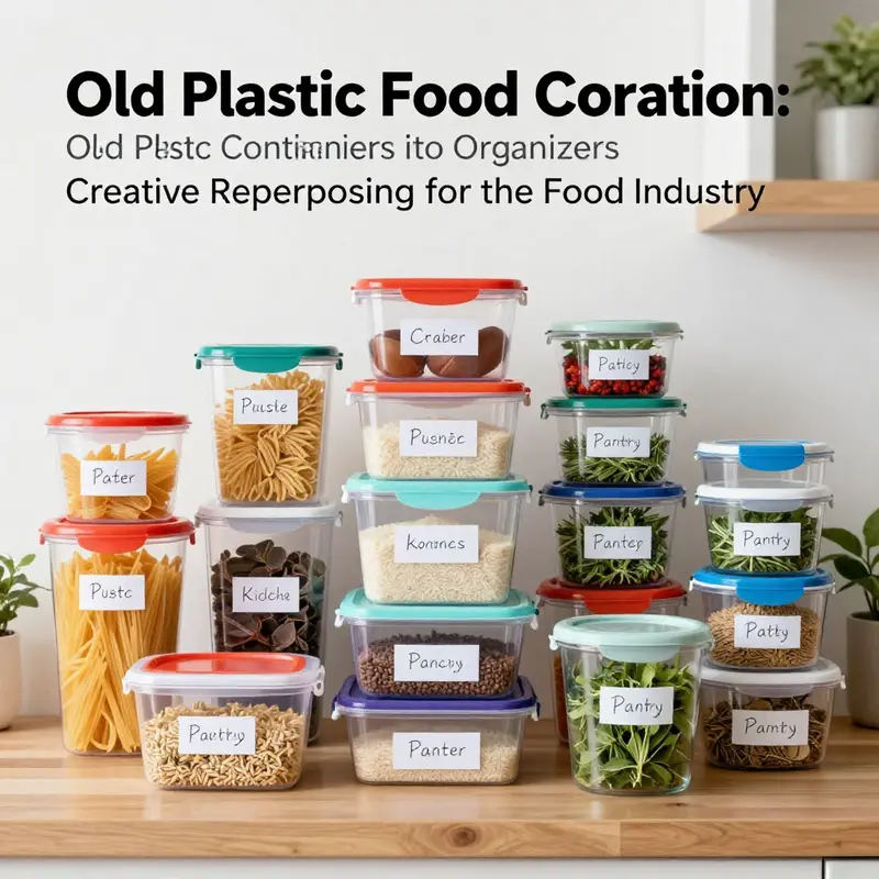 A well-organized kitchen using repurposed plastic containers for various food items, promoting efficiency.