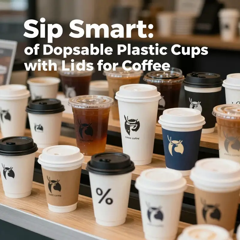 A variety of disposable plastic cups with lids styled for coffee and beverage service.