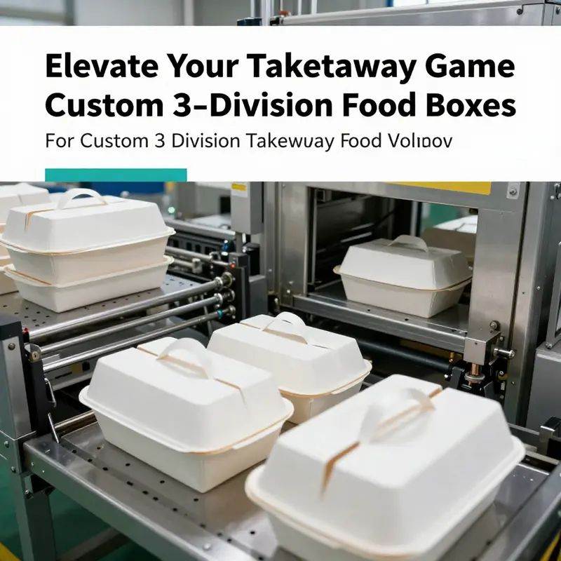 Close-up of a custom 3-division takeaway food box, highlighting its clear window and organized compartments.