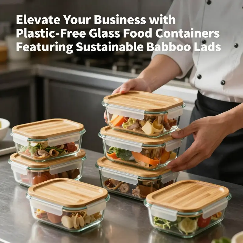 Various sizes of plastic-free glass food containers with natural bamboo lids on display.