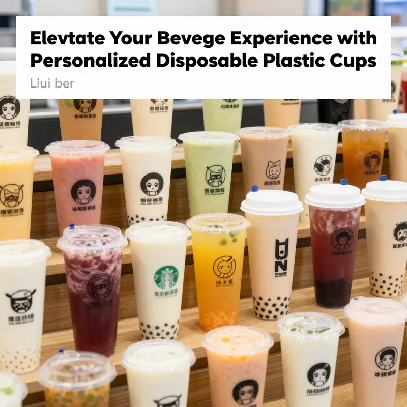 An array of personalized disposable plastic cups highlighting branding and beverage variety.