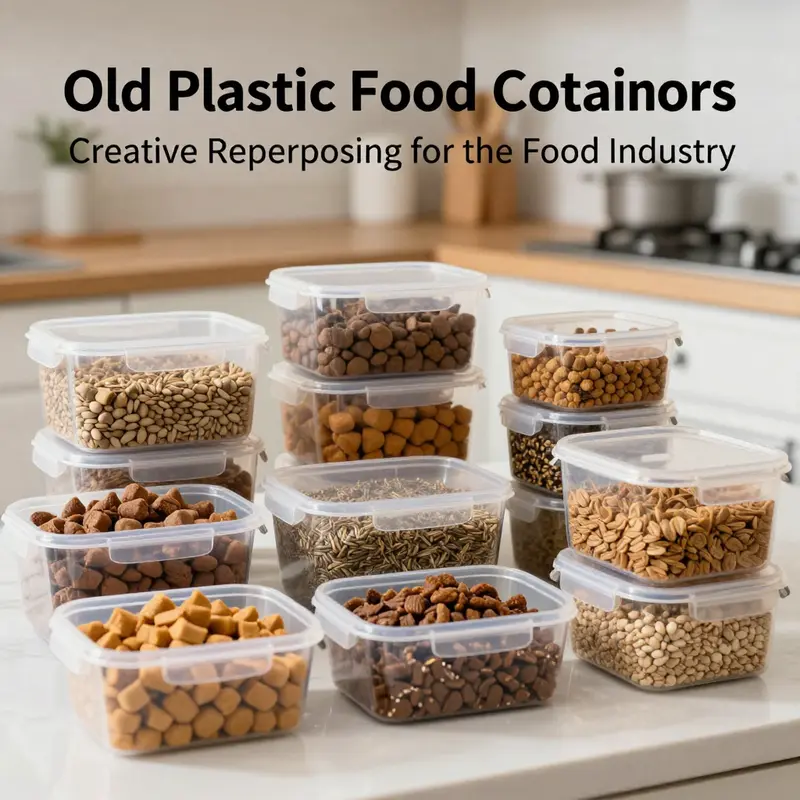 A well-organized kitchen using repurposed plastic containers for various food items, promoting efficiency.