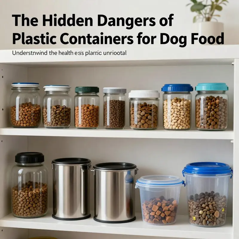 Wide-angle image of a pet food storage area featuring glass and stainless steel containers, contrasting with unsafe plastic options.