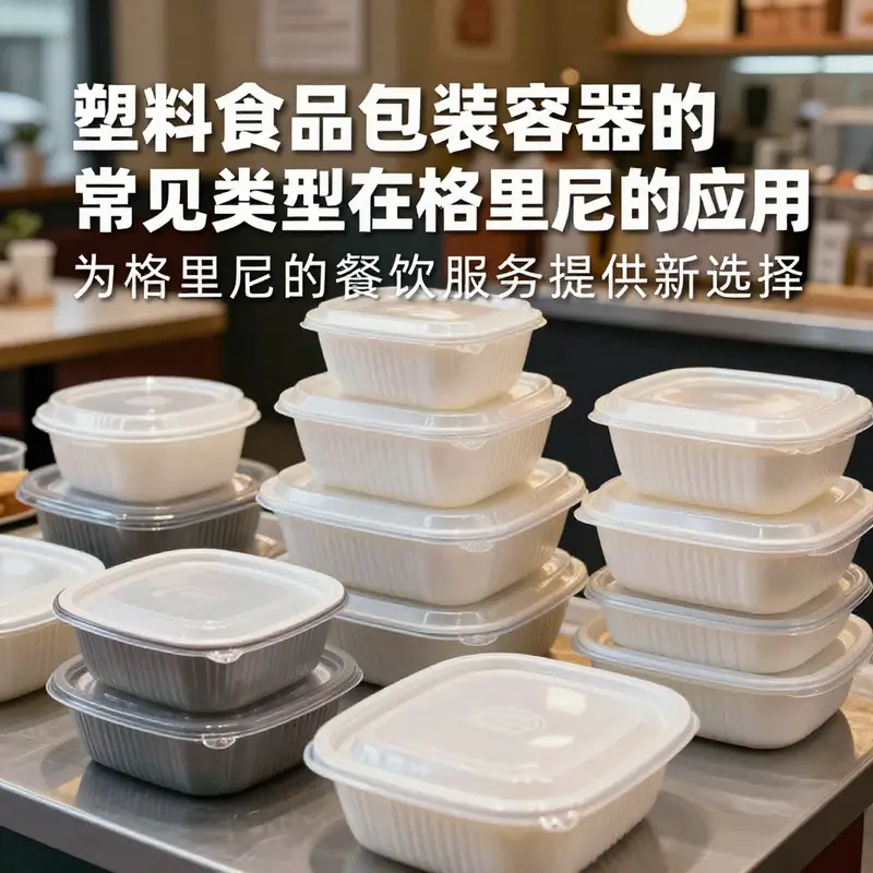 各种食品包装容器在格里尼的应用，体现不同材质及用途。