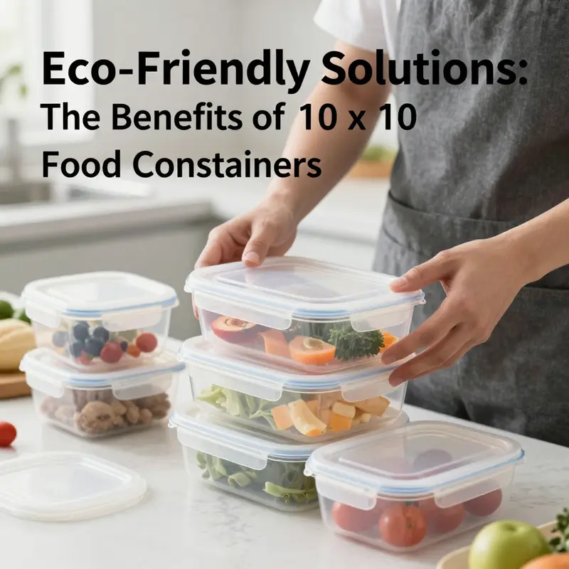 Showcasing eco-friendly 10 x 10 inch compostable food containers made from sugarcane fiber.