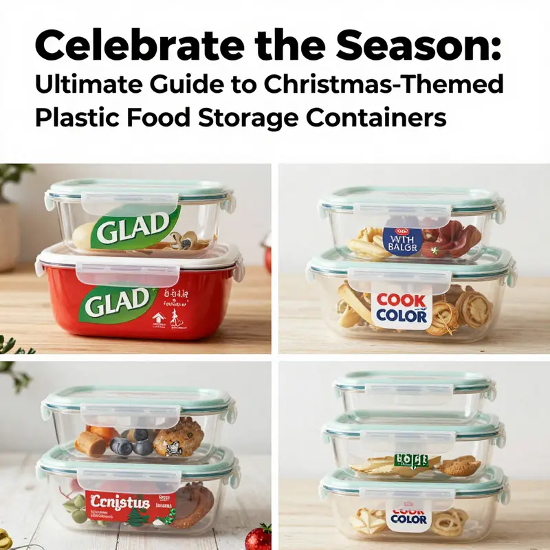 A collection of Christmas-themed plastic food storage containers featuring delightful holiday designs.