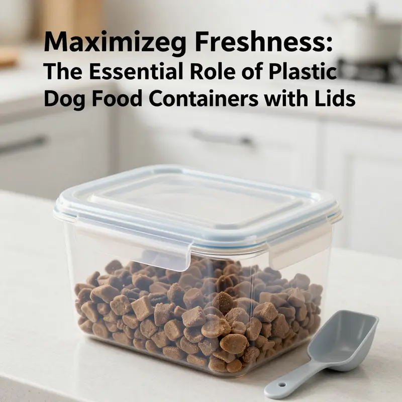 A robust plastic dog food container designed for durability and easy access in a modern kitchen.