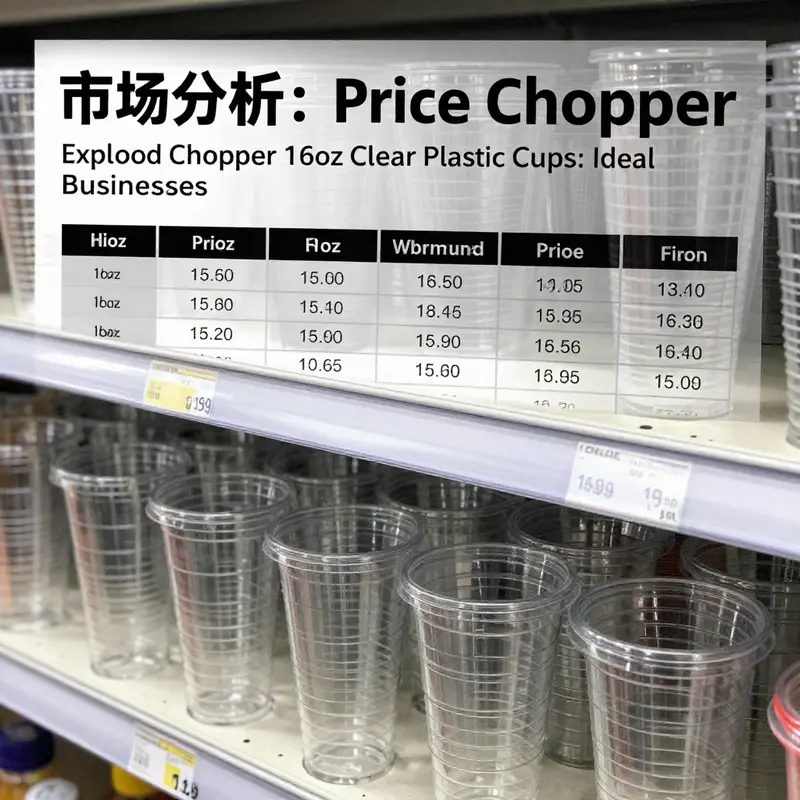 Market analysis of Price Chopper 16oz clear plastic cups highlighting pricing and specifications.